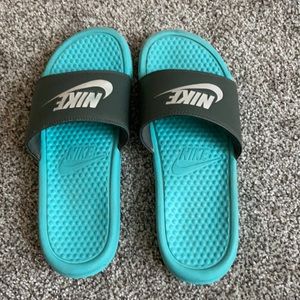 Mint and grey Nike slides